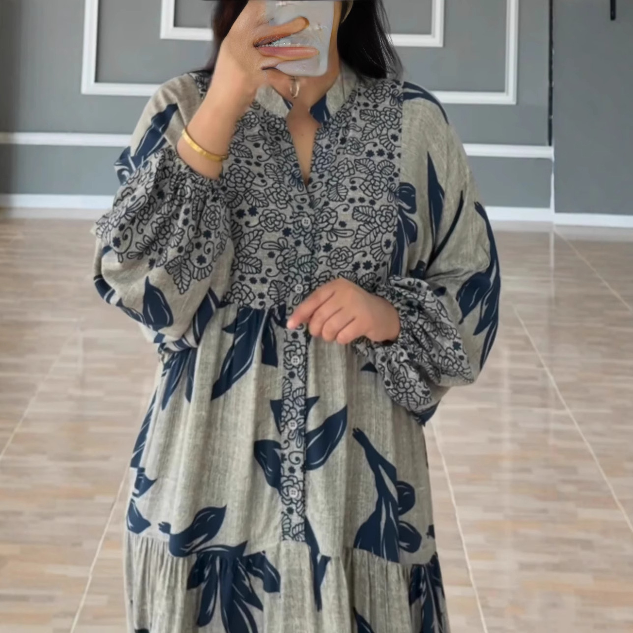 Digital Print Long Sleeve Shirt Collar Loose Vintage Long Dress