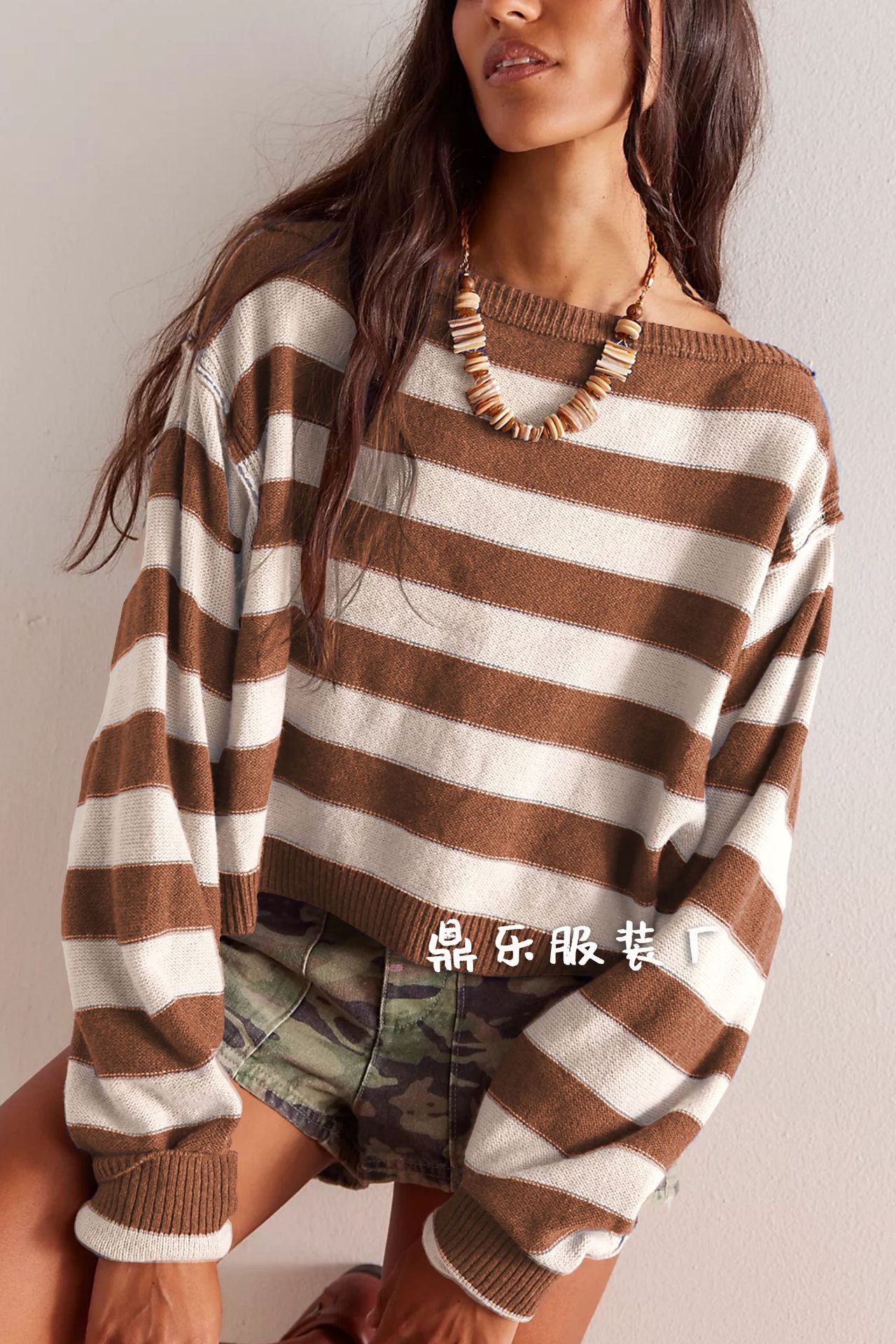 Striped Cropped Knit Sweater Off-Shoulder Bell Sleeve Loose Fit