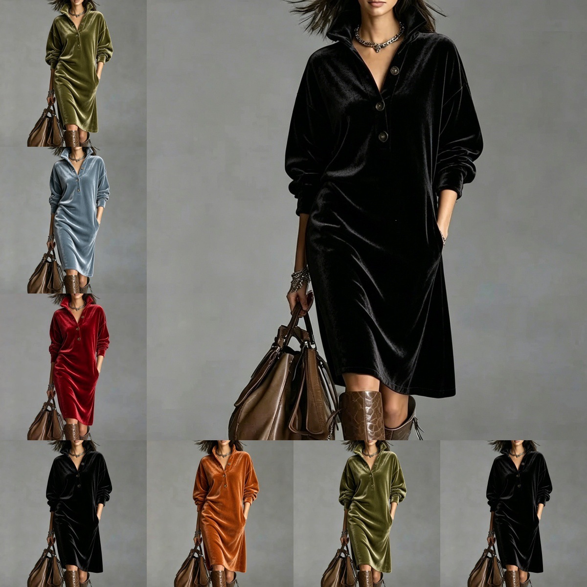 Women's Button-Front Collared Loose Straight Knit Midi Sweater Dress