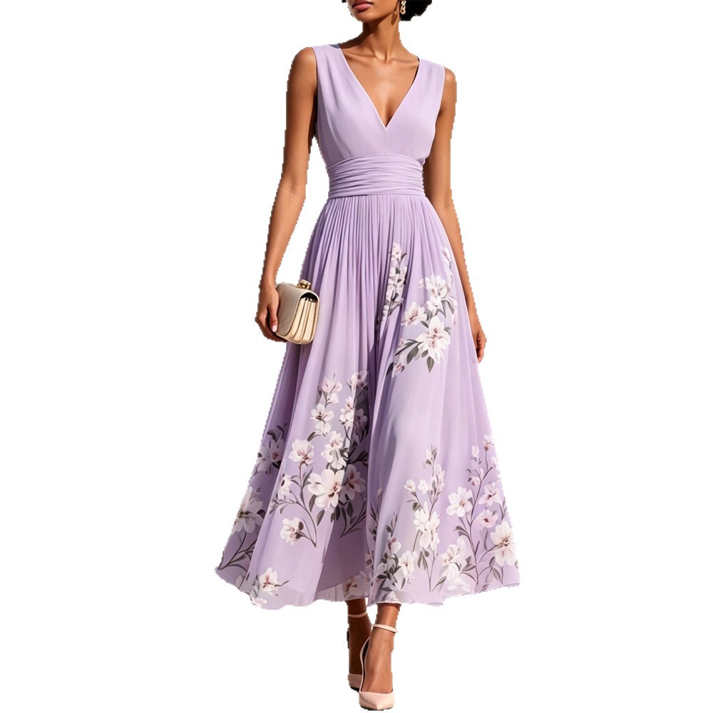 Floral Print Sleeveless V-Neck Pleated A-Line Maxi Dress