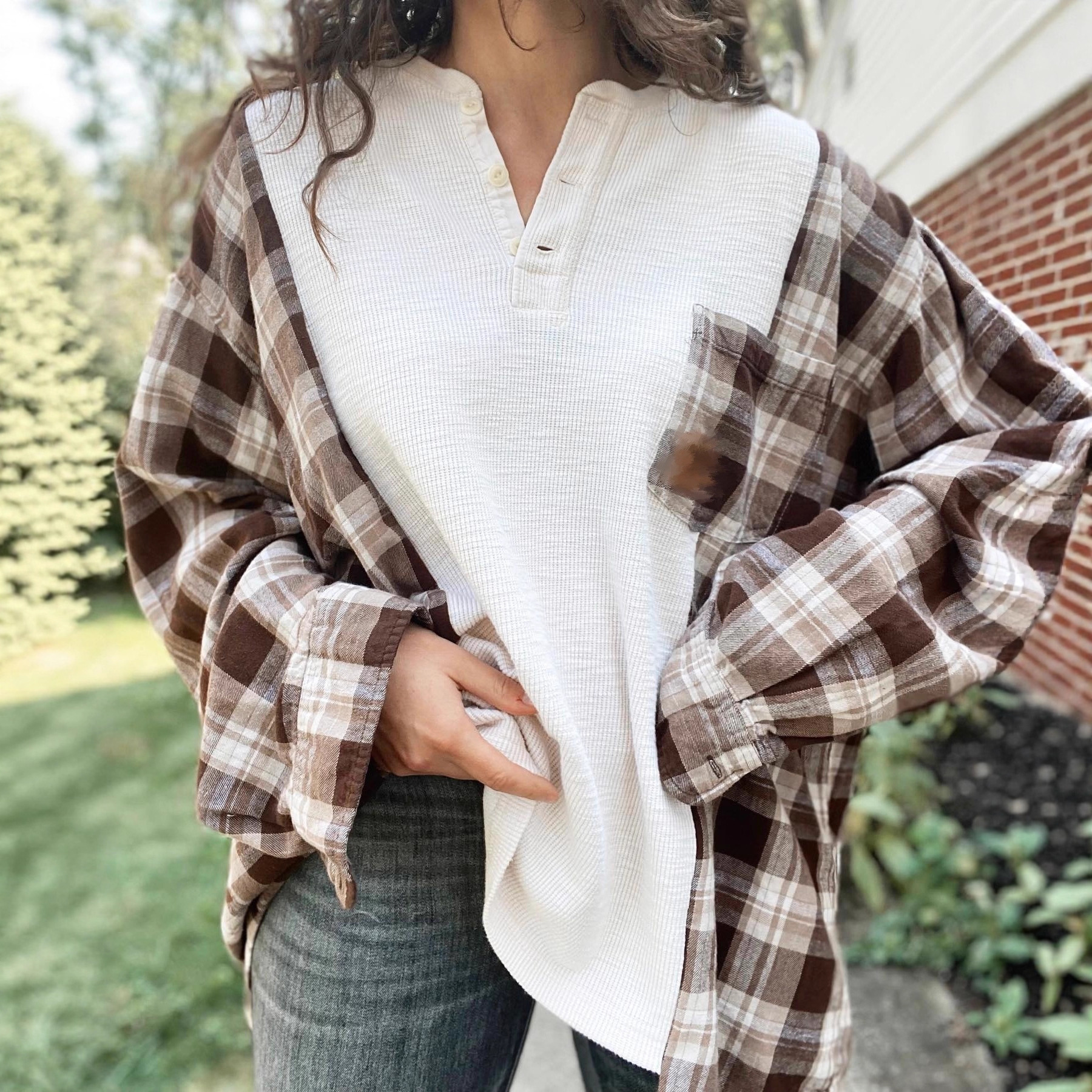 Women's Half-Open Collar Long-Sleeve Plaid Panel Knit Sweater with Pockets