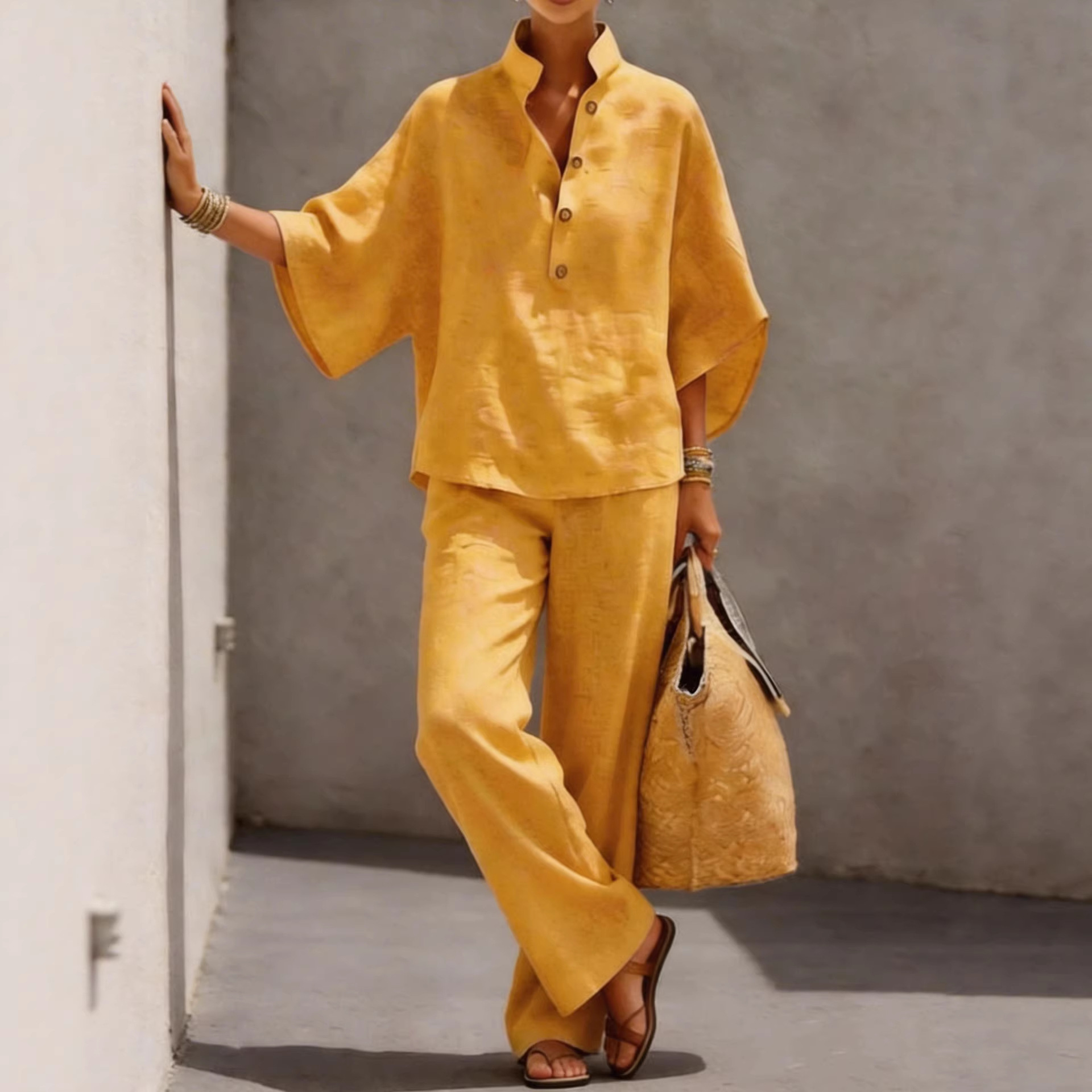Women's Cotton-Linen Shirt and Pants Two-Piece Set