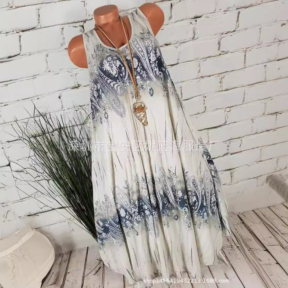 Women's Summer Round Neck Print Flared Midi Dress