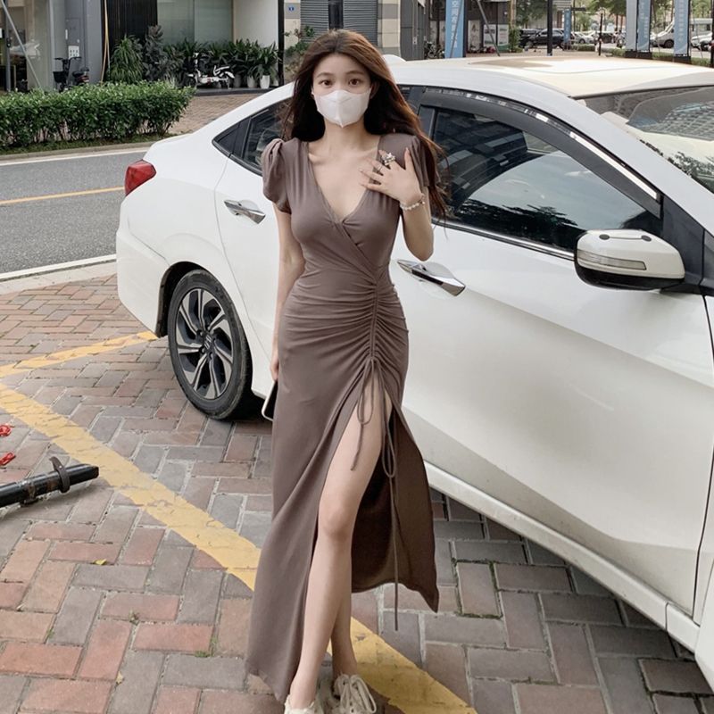 Sexy V-Neck Slit Bodycon Midi Dress with Drawstring