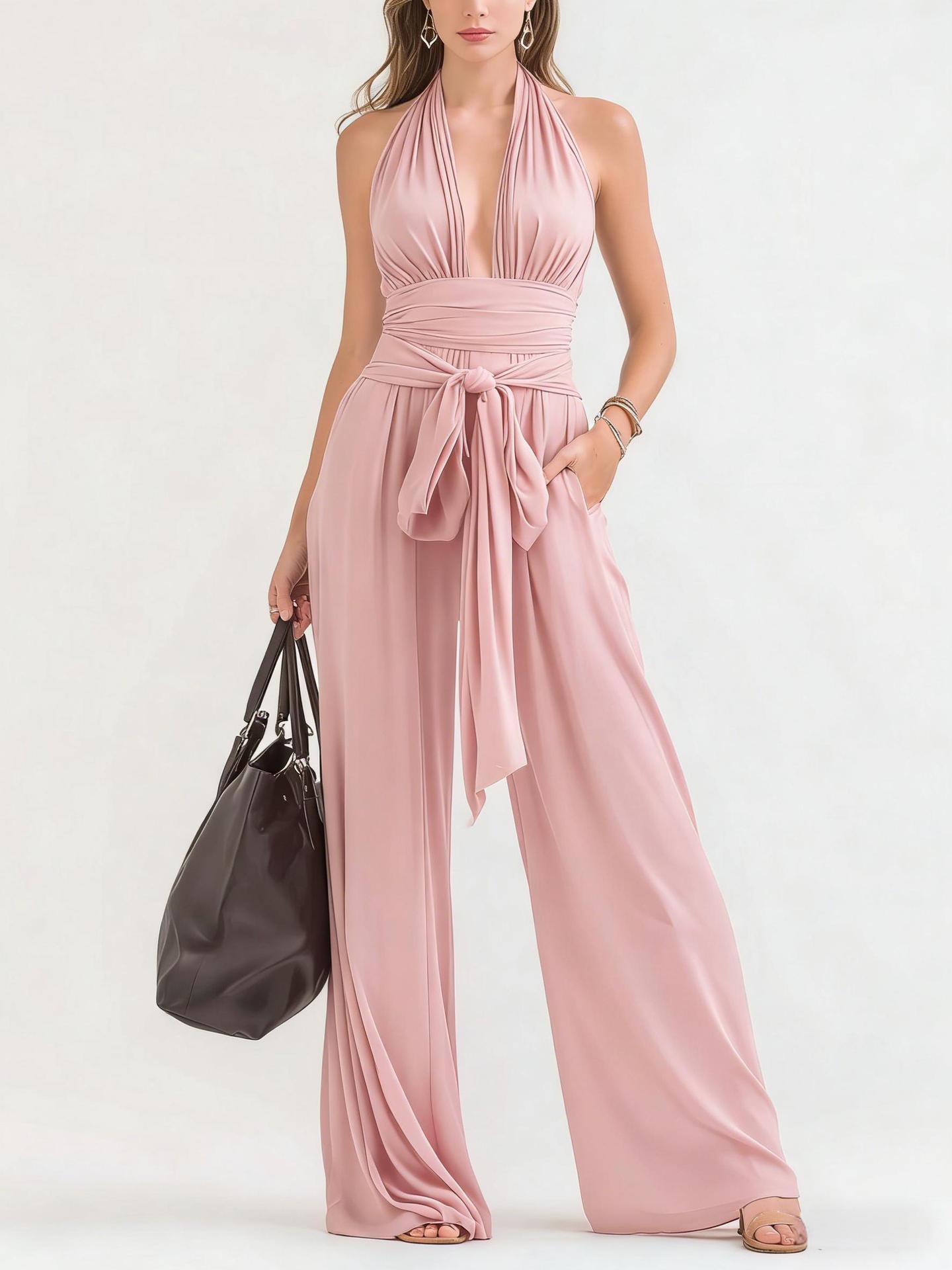 Elegant Halter V-Neck Long Sleeveless Jumpsuit Solid Color
