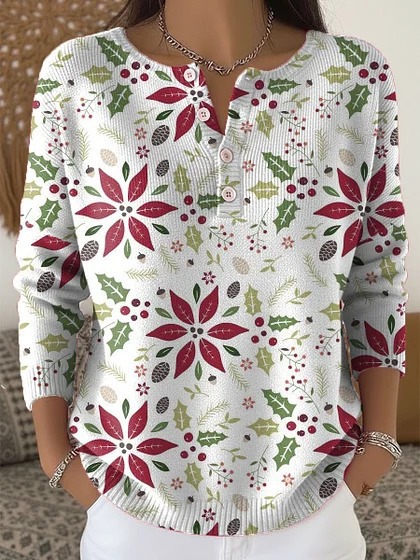 Women's Christmas Floral Print Buttoned Sweatshirt