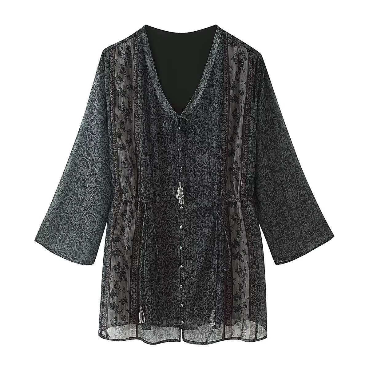 Metallic Print V-Neck Loose Fit Short Dress