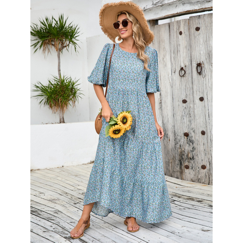 Floral Print Loose Round Neck Midi Dress Plus Size Vintage Casual