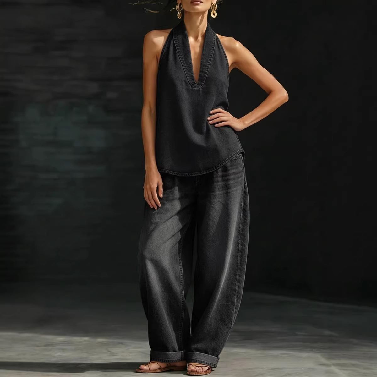 Women's Retro Buckle Denim Top & Wide-Leg Jeans Set