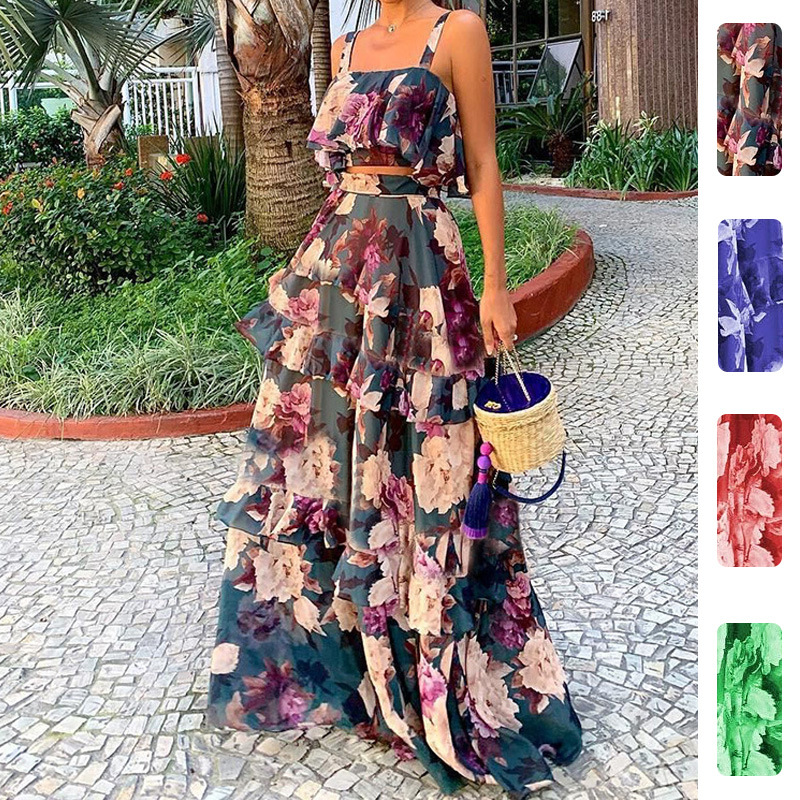 Women's Summer Vacation Print Two-Piece Cami and Tiered Skirt Set