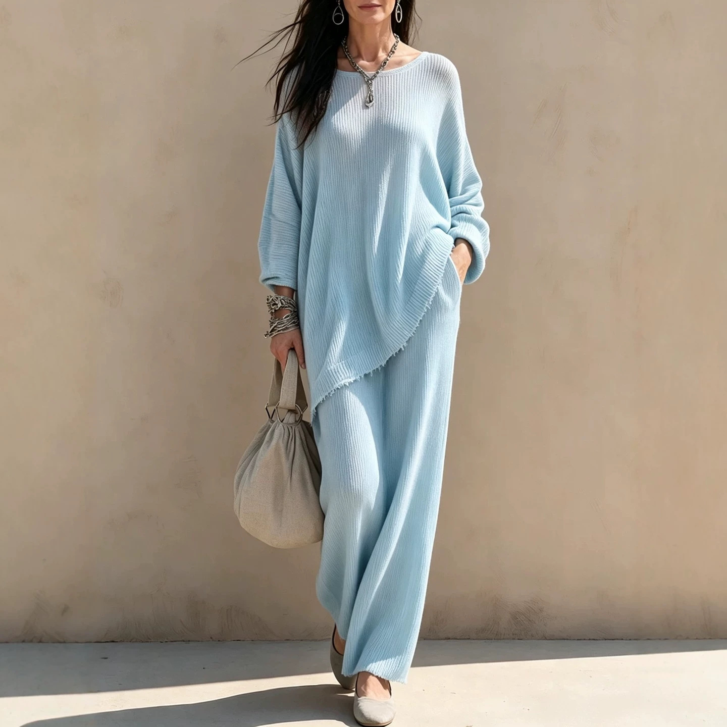 Women's Knit Two-Piece Sweater and High-Waist Midi Skirt Set
