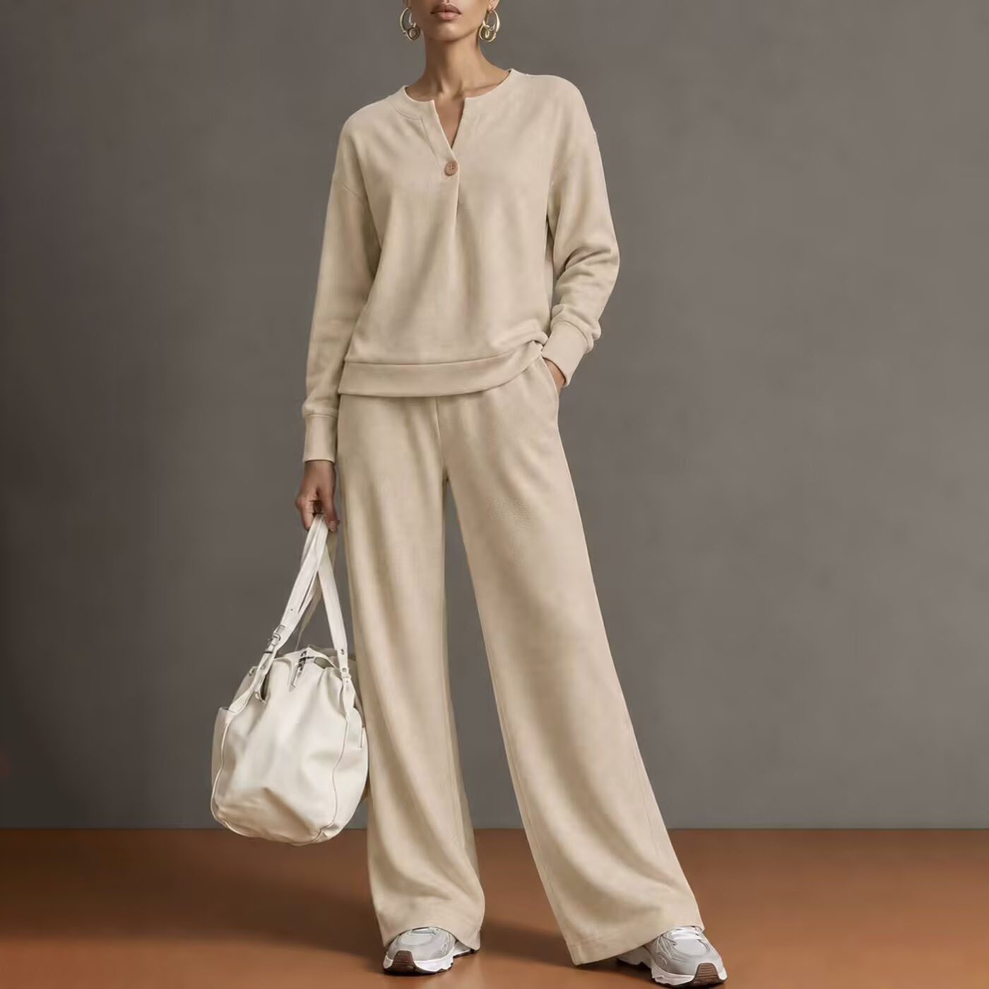 Women's Casual Solid Color Stand Collar Cardigan Sweatshirt and Wide-Leg Pants Set