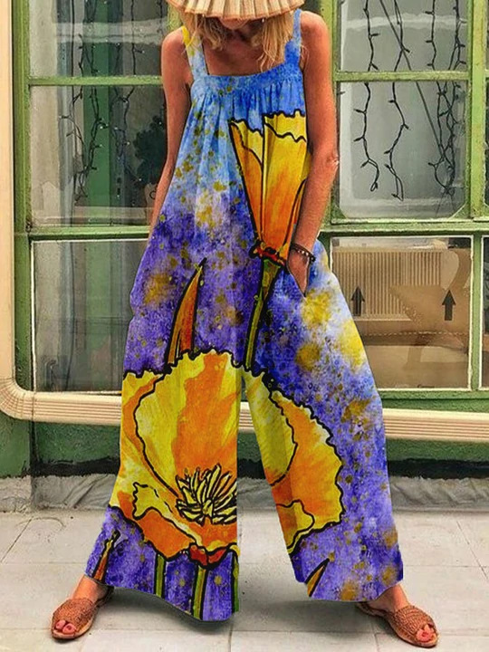 Women's Plus Size Floral Print Wide-Leg Jumpsuit with Straps
