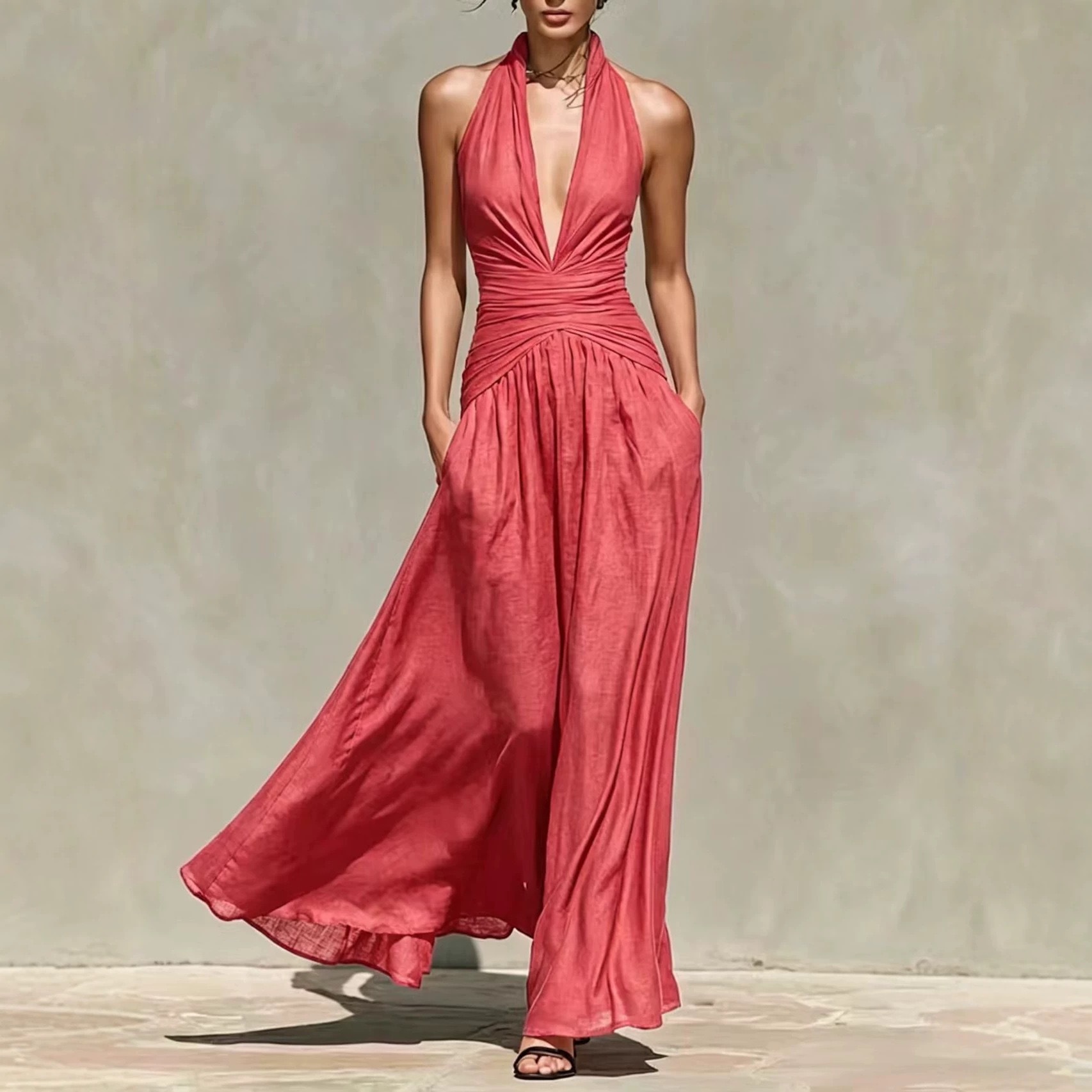 Women's Halter Deep V-Neck Sleeveless High-Waist Slimming Long Dress
