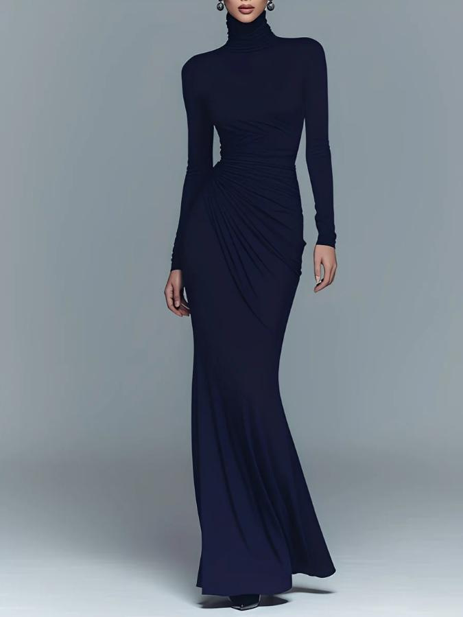 Solid High-Neck Long-Sleeve Fitted Waist-Cinching Maxi Dress