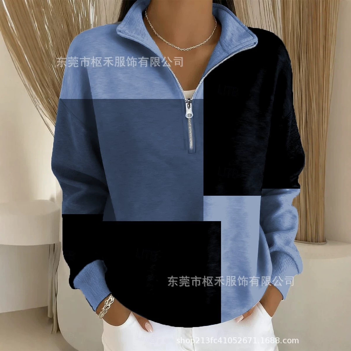 Plaid Color-Block Print Half-Zip Hoodie for Women