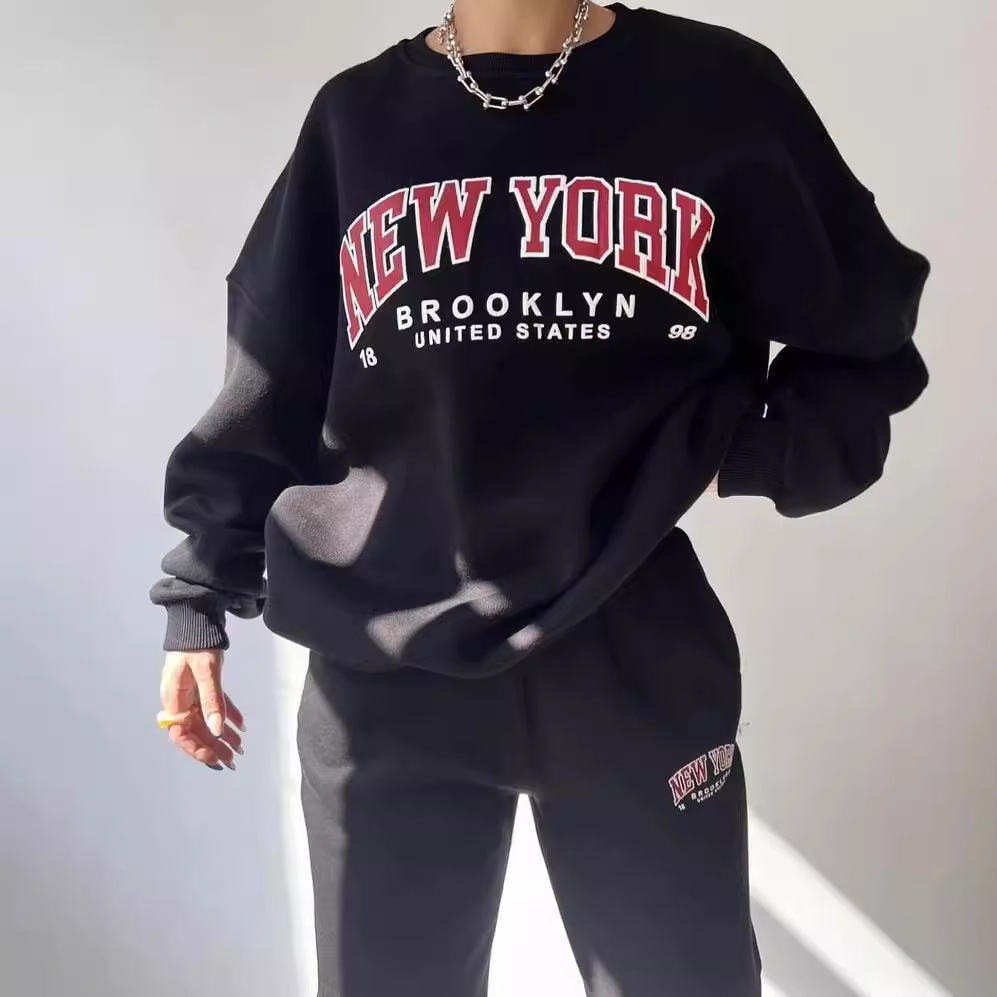 Women's Casual Print Fleece-Lined Sweatshirt and Pants Set