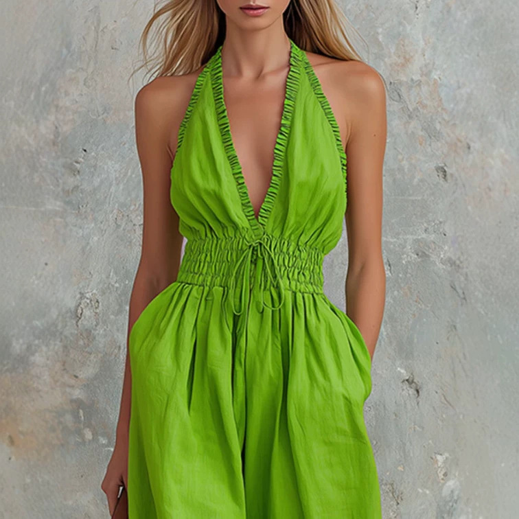Retro Green Ruffle V-Neck Sleeveless Wide-Leg Jumpsuit