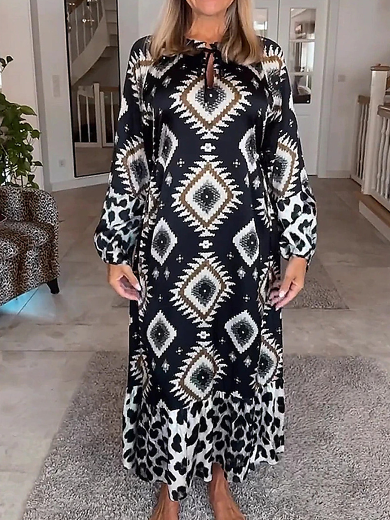 Women's Printed Long Sleeve Maxi Dress with Button Neck
