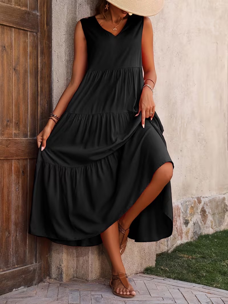 Elegant Solid V-Neck Tiered Ruffle Sleeveless Maxi Dress