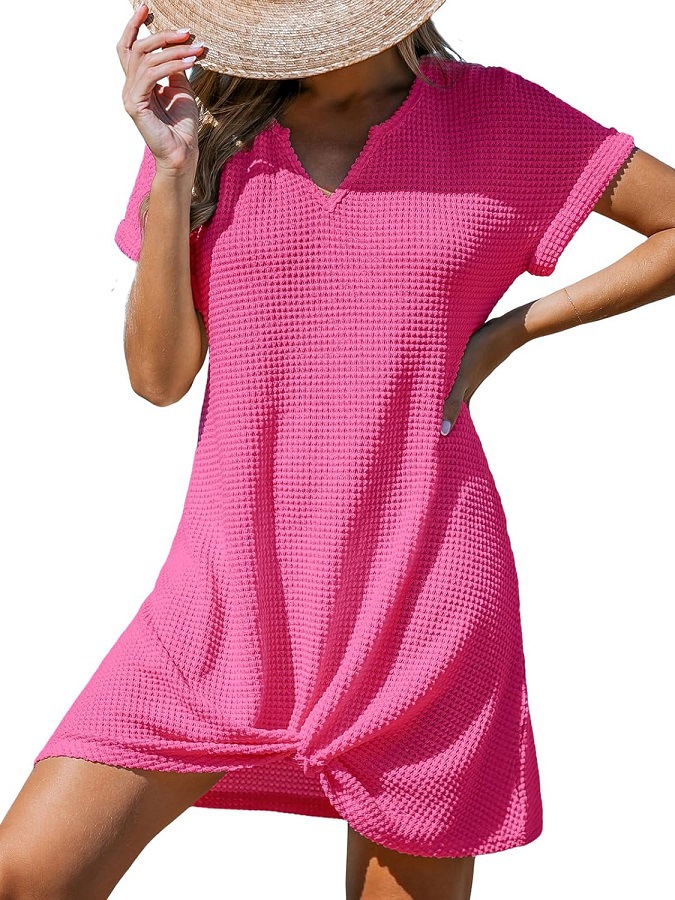 V-Neck Twist Cover-Up Dress Short Sleeve A-Line Beach Dress