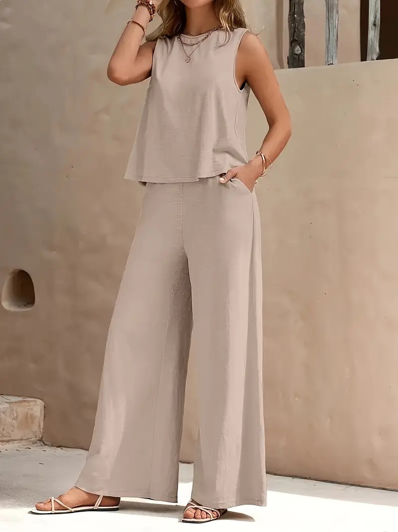 Solid Color Two-Piece Tank Top and Wide-Leg Pants Set