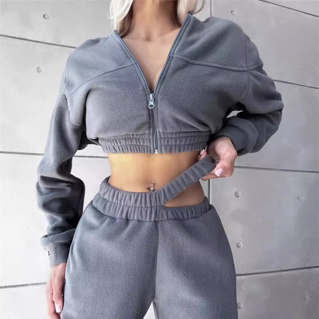 Women's Casual Two-Piece Set Solid Color Long Sleeve Zip Fleece Hoodie & Double-Waist Pants