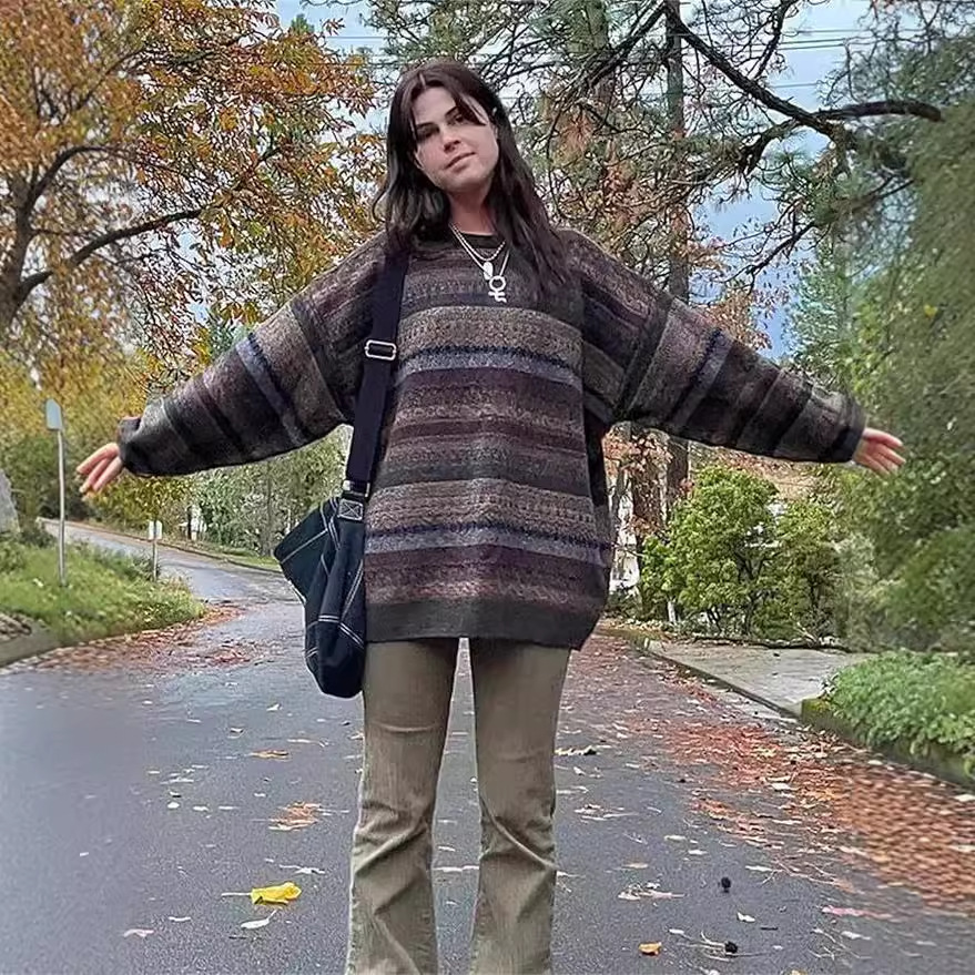 Women's Gothic Striped Knit Pullover Sweater Loose Fit