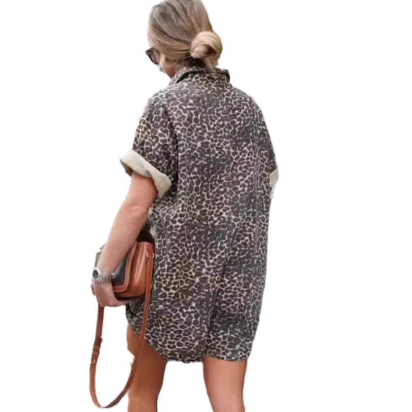 Women's Printed Vacation Shirt and Shorts Set with Collar