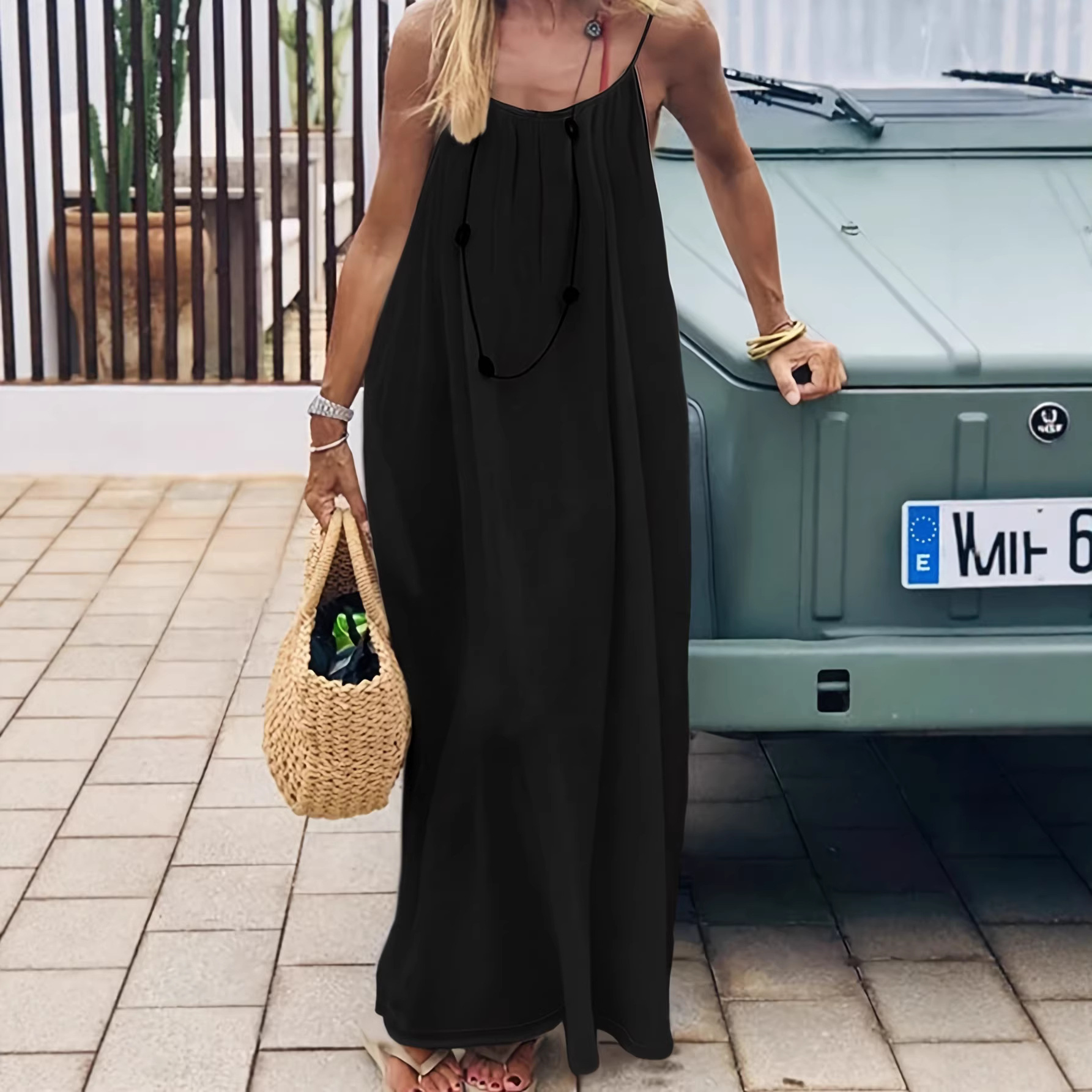 Women's Spaghetti Strap Open Back Loose Long Loungewear Dress