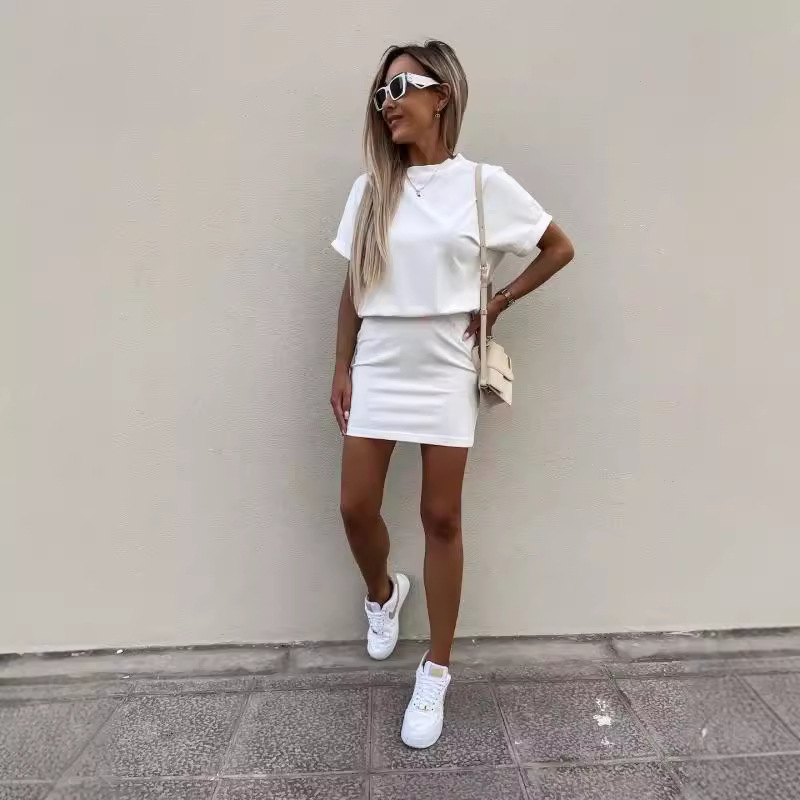 Women's Solid Color Casual Athletic Dress Short Sleeve Round Neck Elastic Waist