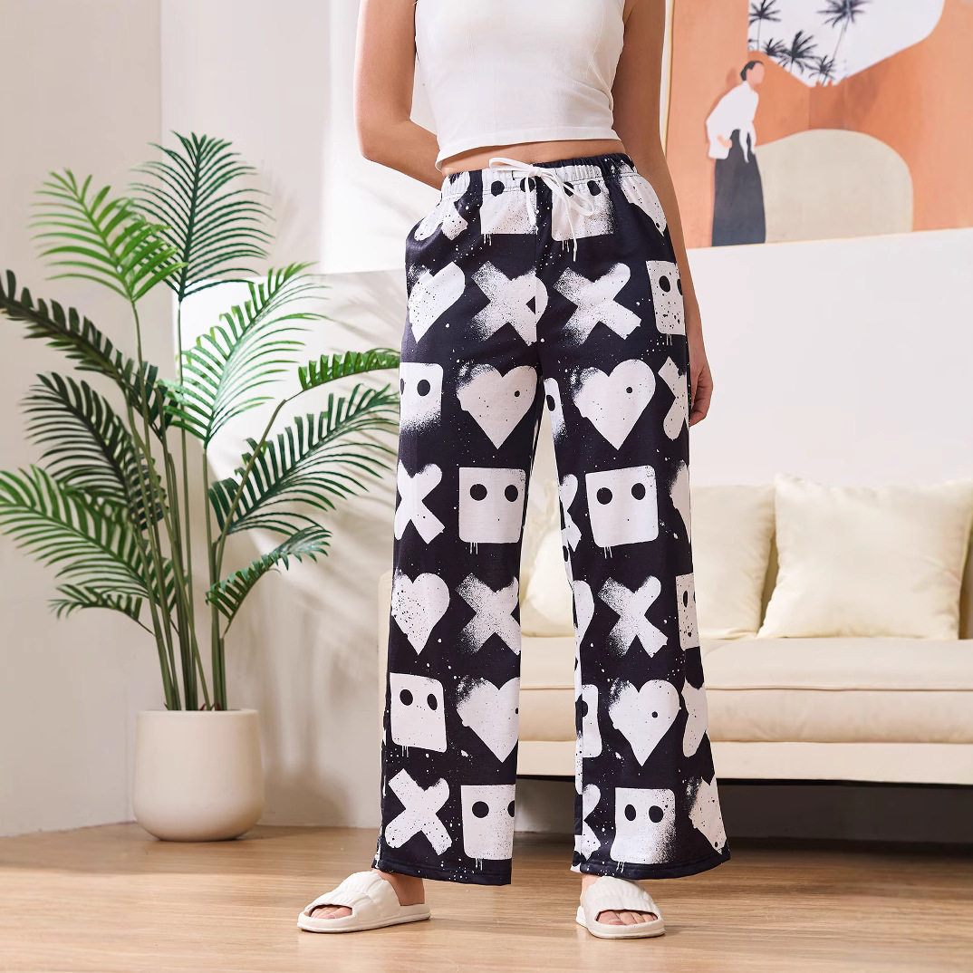 Women's Lightweight Printed Wide-Leg Lounge Pants with Elastic Waist