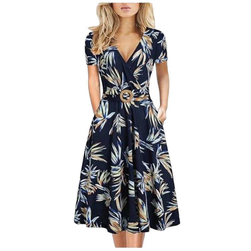Women's Midi Printed Swing Dress Short Sleeve Pullover
