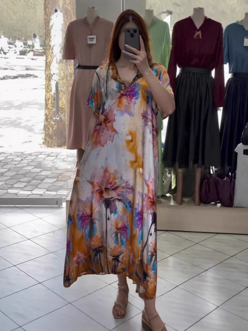 Women's Printed V-Neck Collared Casual Long Vacation Dress