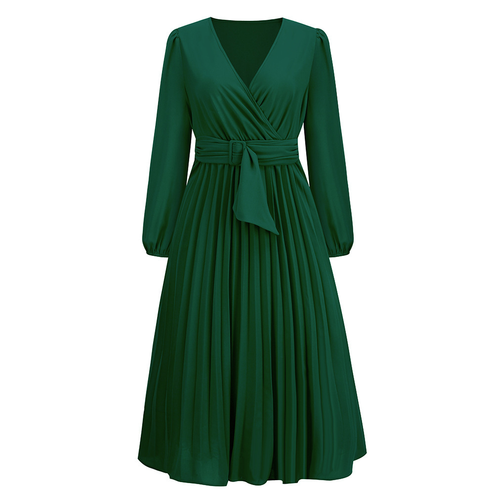 Women's Long Sleeve Pleated Belted V-Neck A-Line Dress