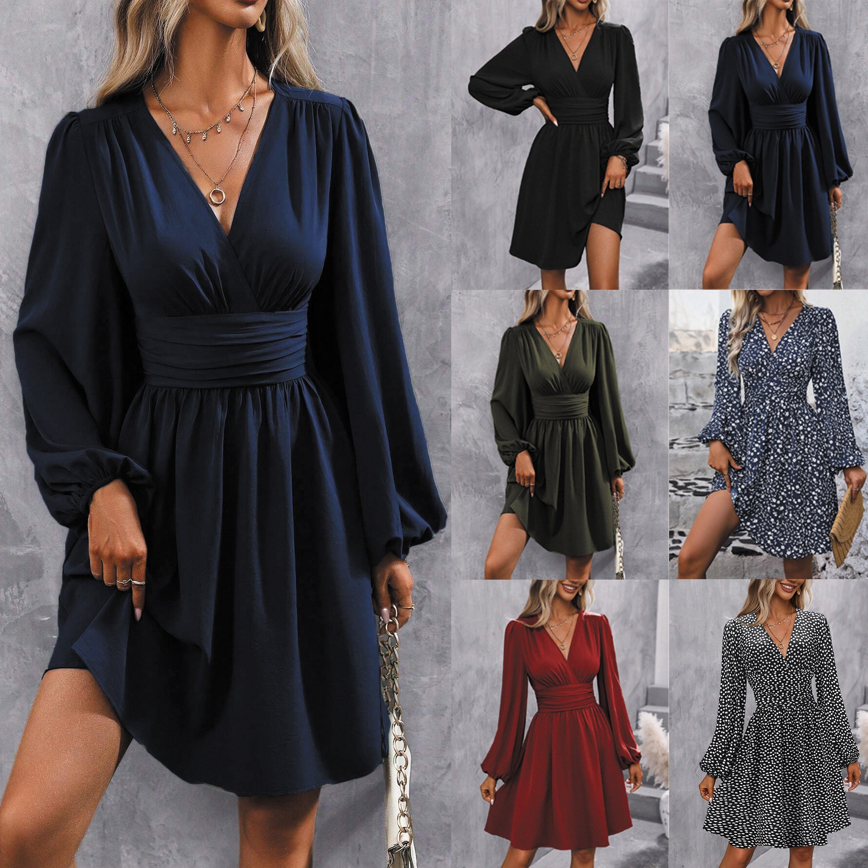 Asymmetric Collar Lantern Sleeve Ruched Waist A-Line Dress