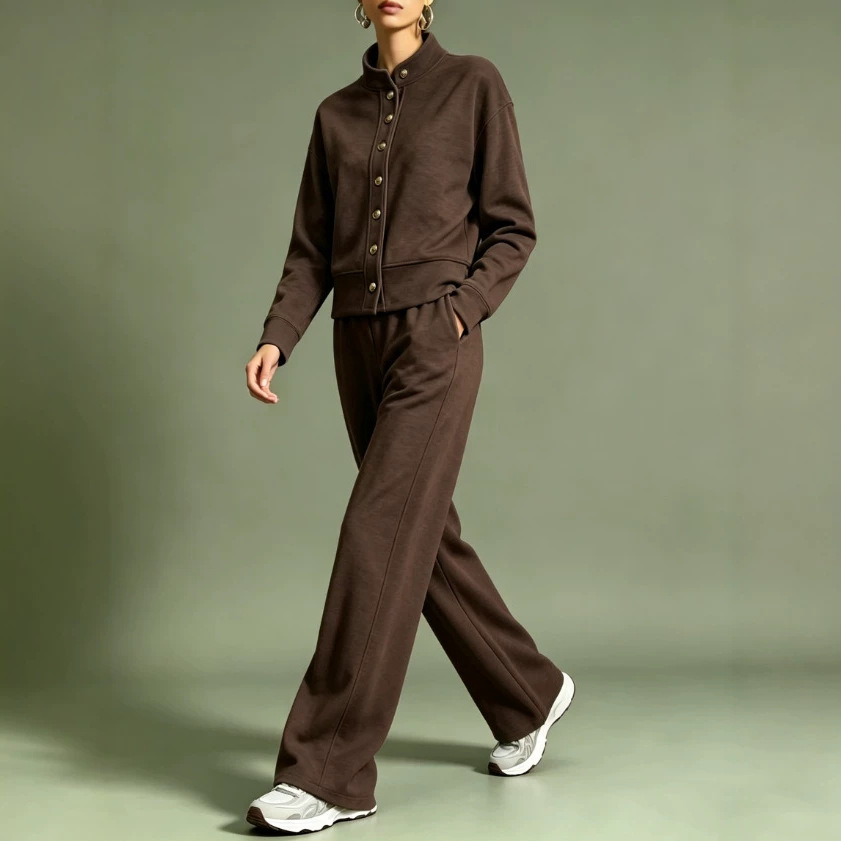 Women's Solid Color Stand Collar Cardigan Hoodie & Wide-Leg Pants Set