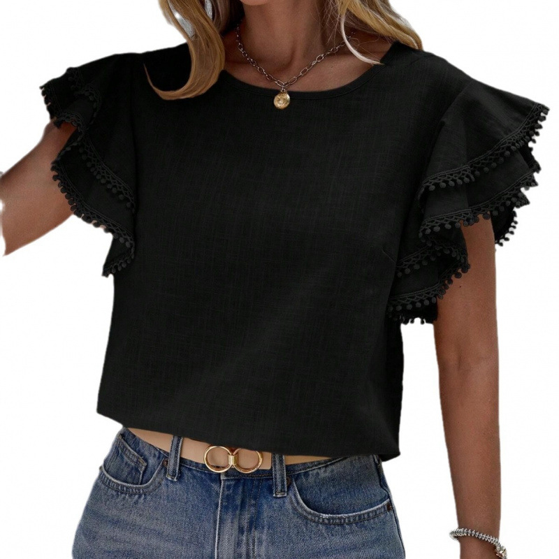 Women's Casual Round Neck Ruffle Sleeve Loose Blouse