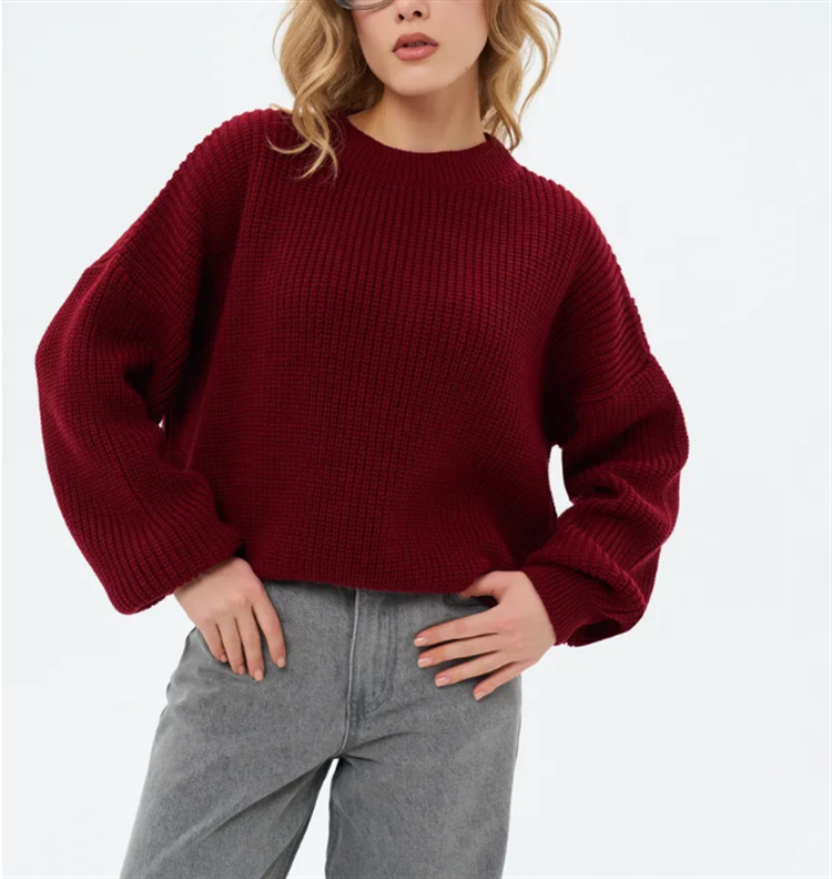 Loose Solid Color Distressed Crewneck Pullover Sweater Long Sleeve Mid-Length