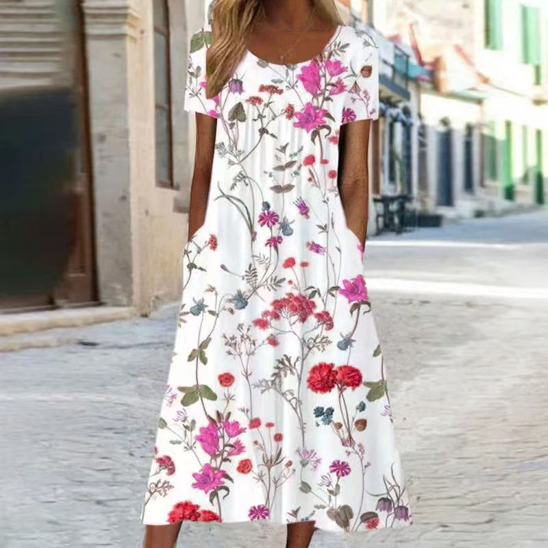 Women's Floral Print Ruched Midi Dress Short Sleeve Crew Neck