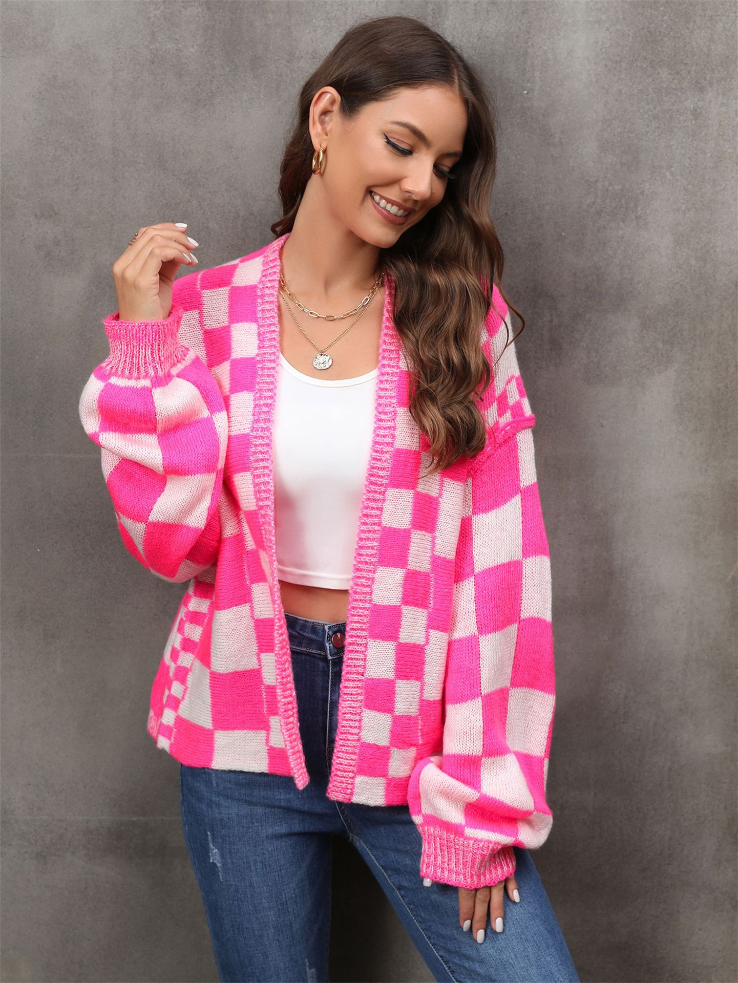 Plaid Cardigan Sweater Women's Plus Size Spliced Open Front Knit Coat