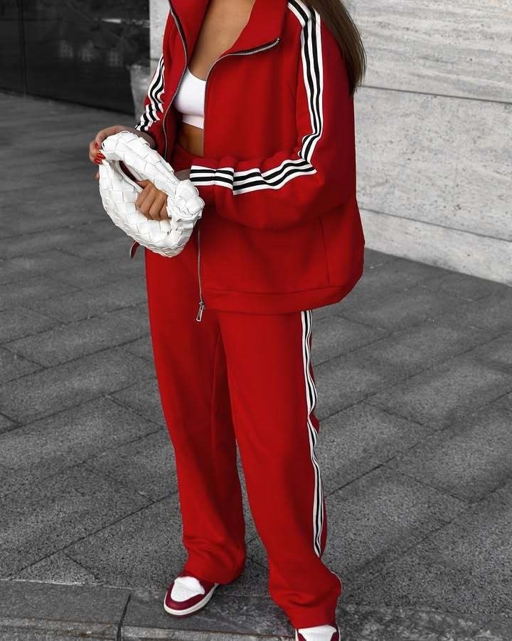 Women's Hooded Jacket & Wide-Leg Striped Pants Two-Piece Set