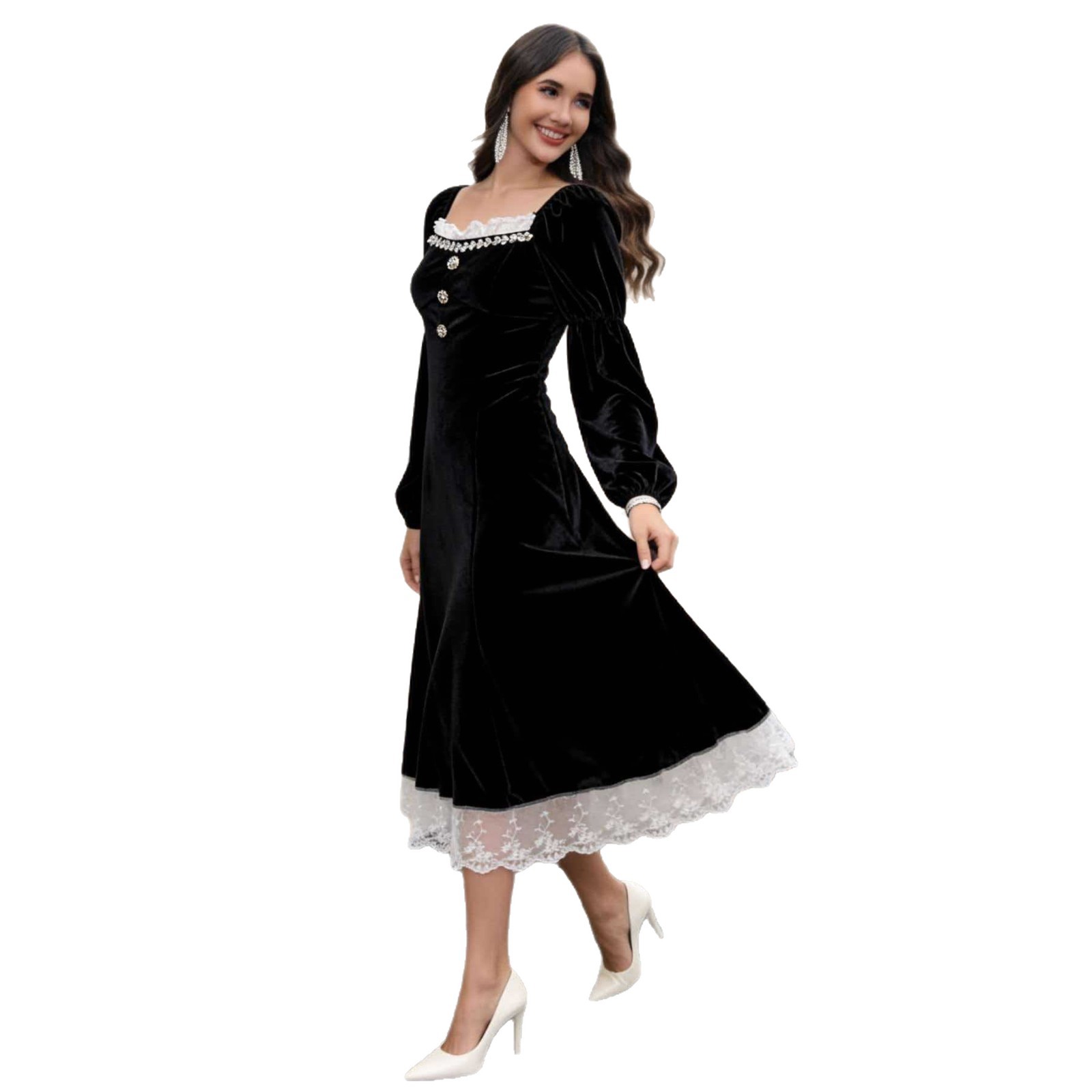 Women's Square Neck Velvet Midi Dress Long Sleeve Slim Fit