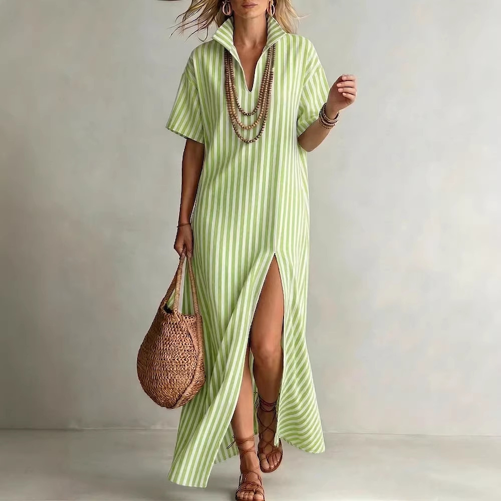Women's Summer V-Neck Short Sleeve Striped Slit Cotton-Linen Dress