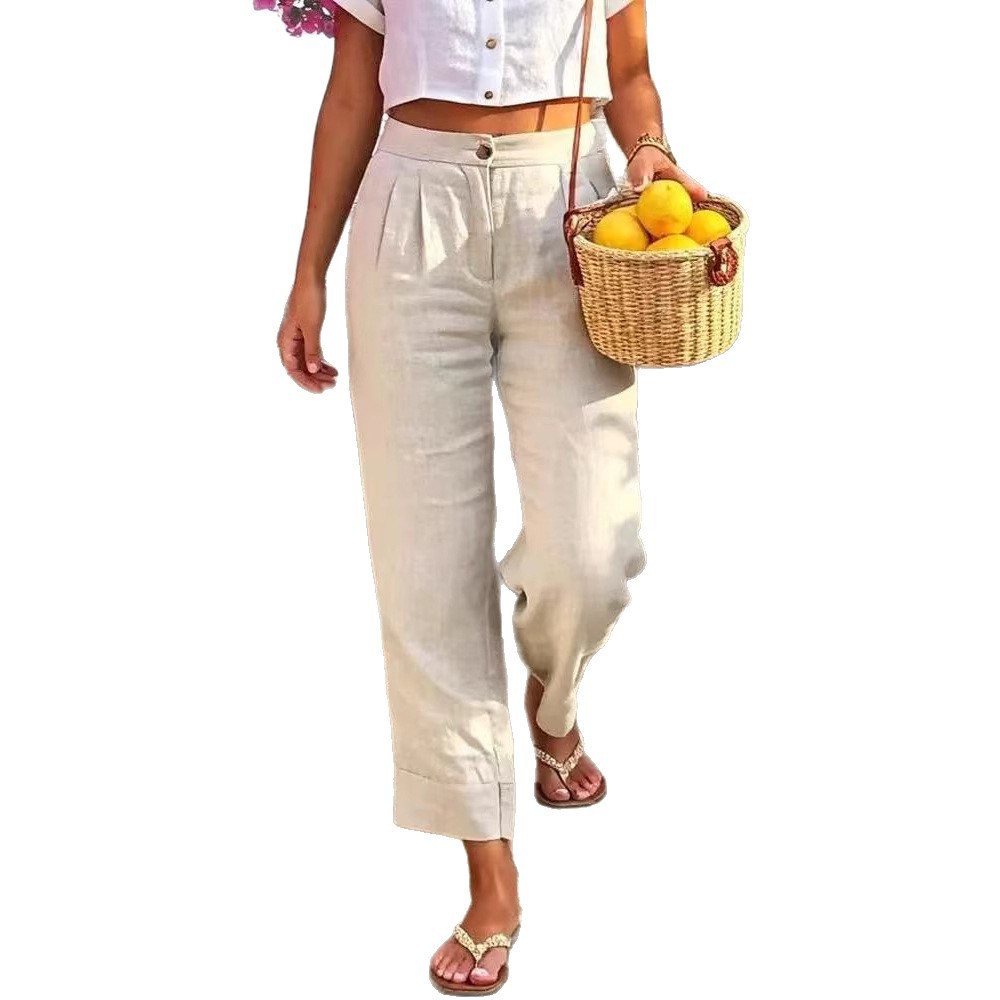 Women's Cotton Linen Straight-Leg Cropped Pants with Buttons