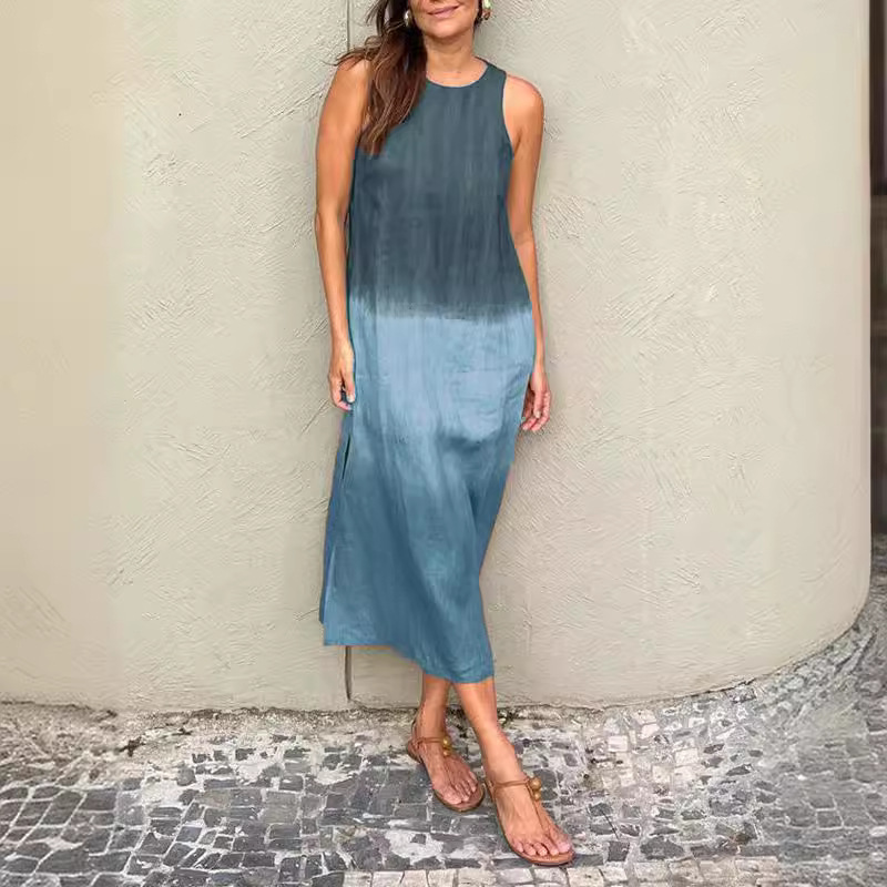 Women's Summer Sleeveless Cotton-Linen Gradient Dress with Slit