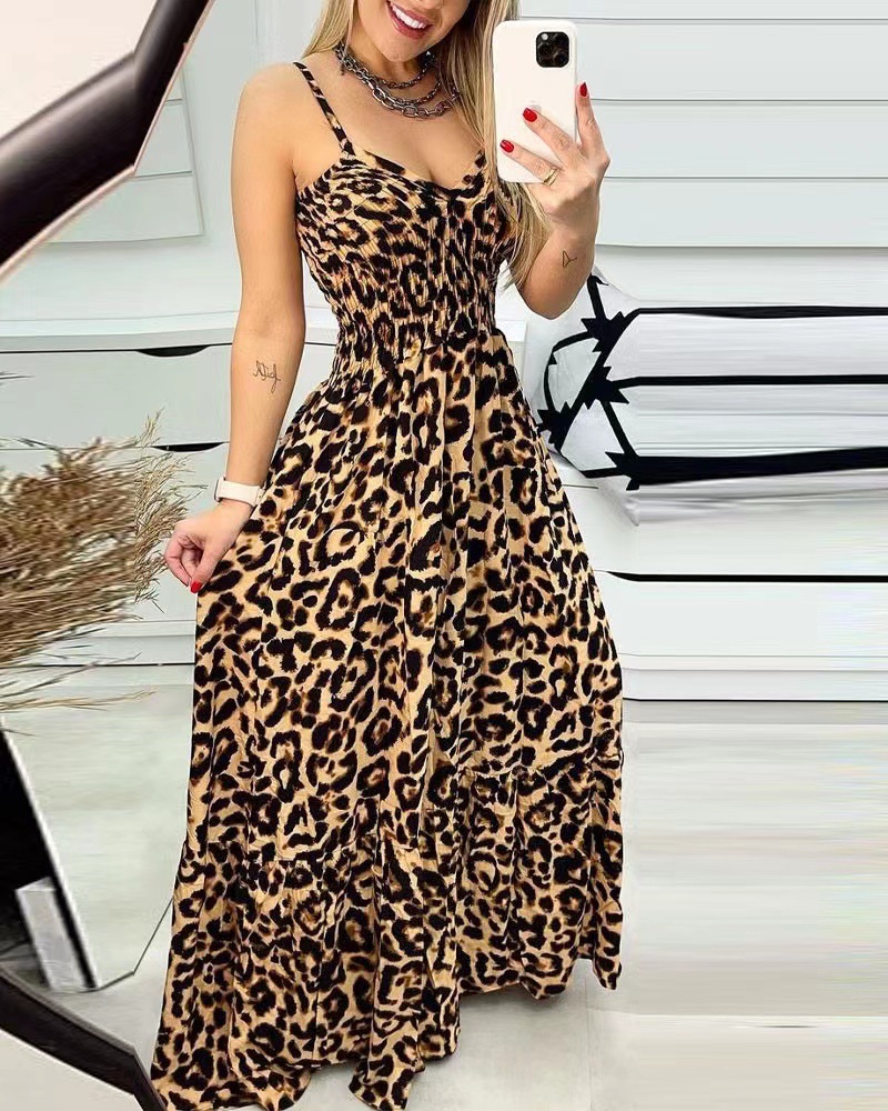 Leopard Print V-Neck Cami Maxi Dress High Waist Sexy