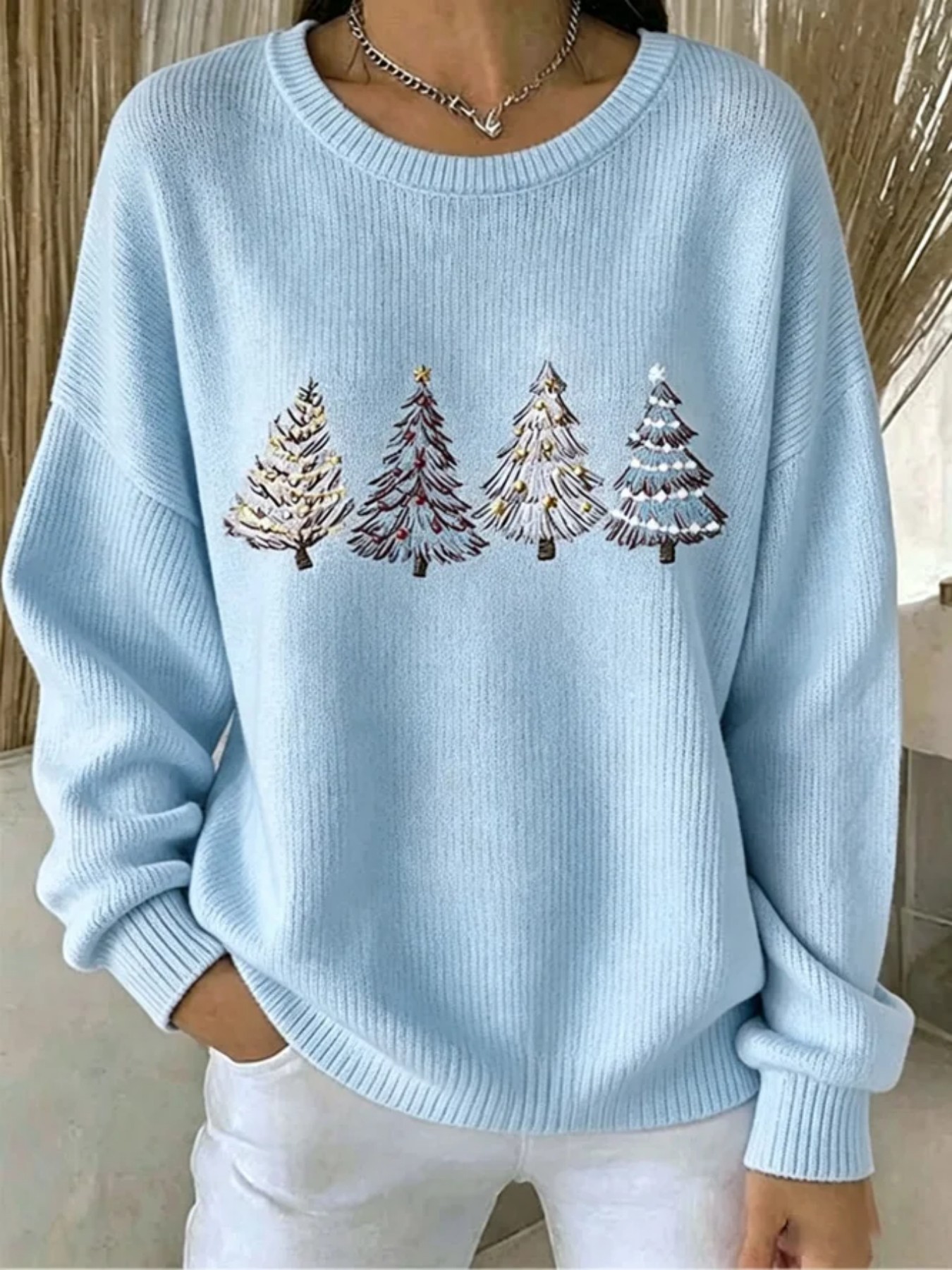 Forest Tree Print Crewneck Long Sleeve Pullover Sweatshirt