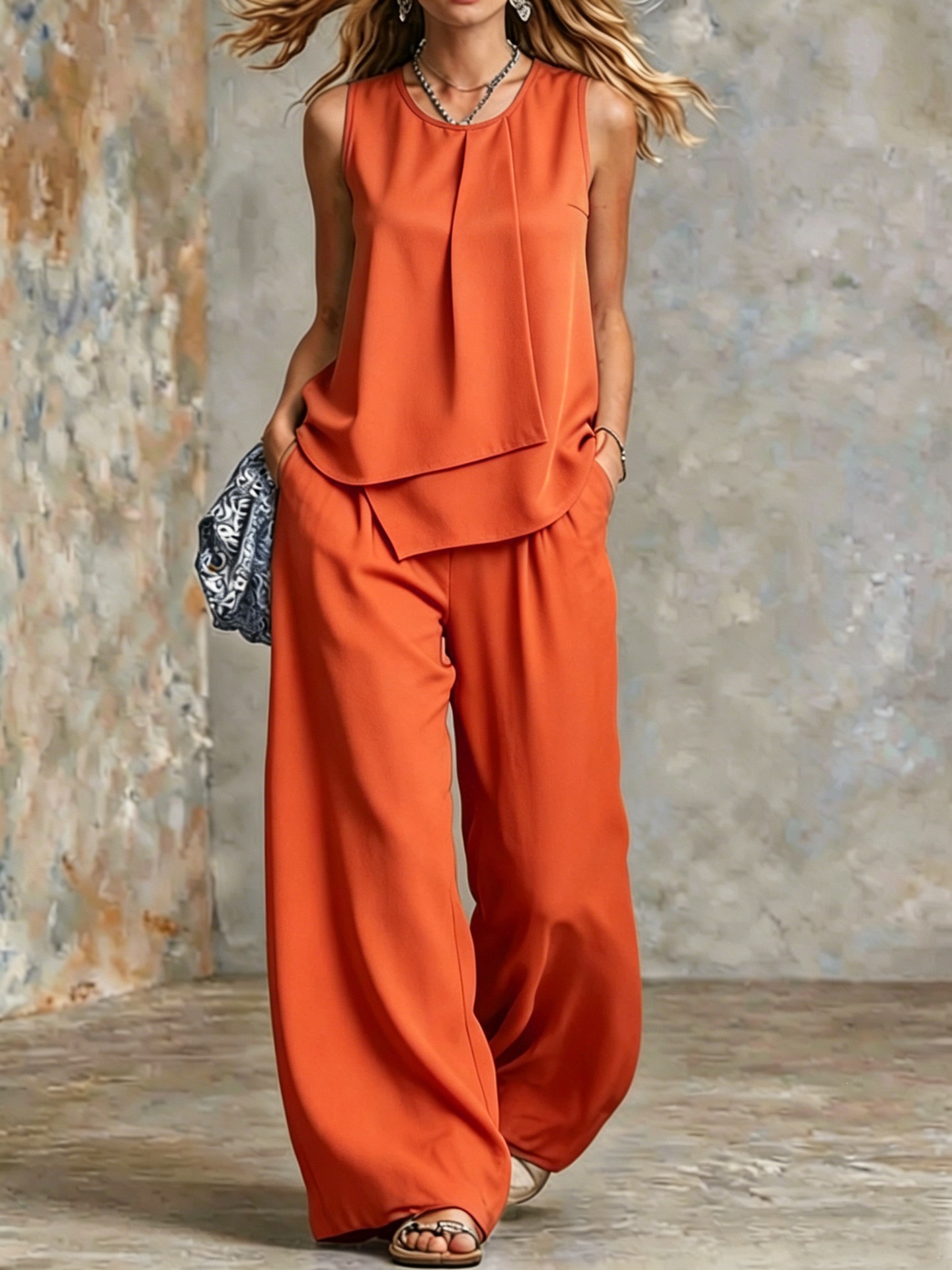Elegant Sleeveless Solid Asymmetrical Top & Wide-Leg Pants Set