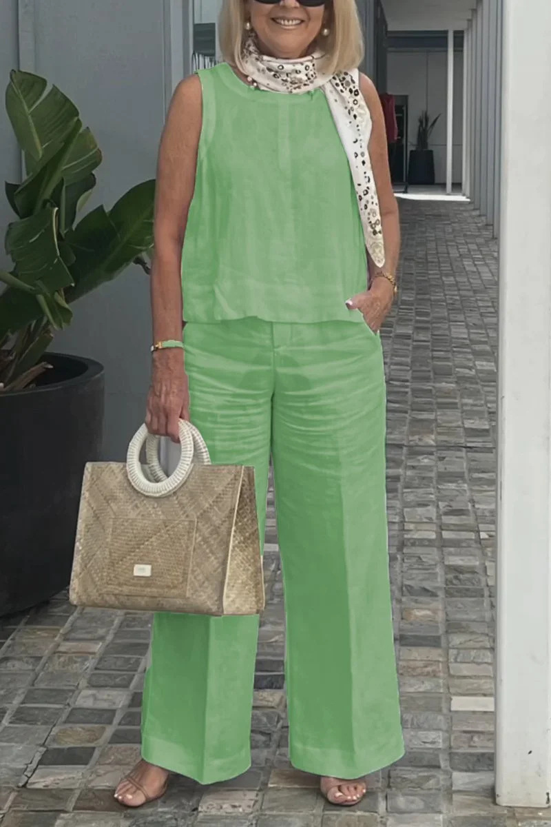 Women's Sleeveless Cotton-Linen Solid Color Pant Set Casual Two-Piece Outfit